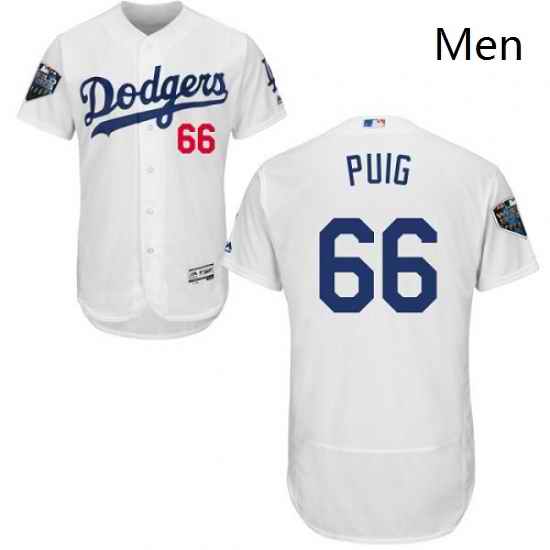 Mens Majestic Los Angeles Dodgers 66 Yasiel Puig White Home Flex Base Authentic Collection 2018 World Series Jersey